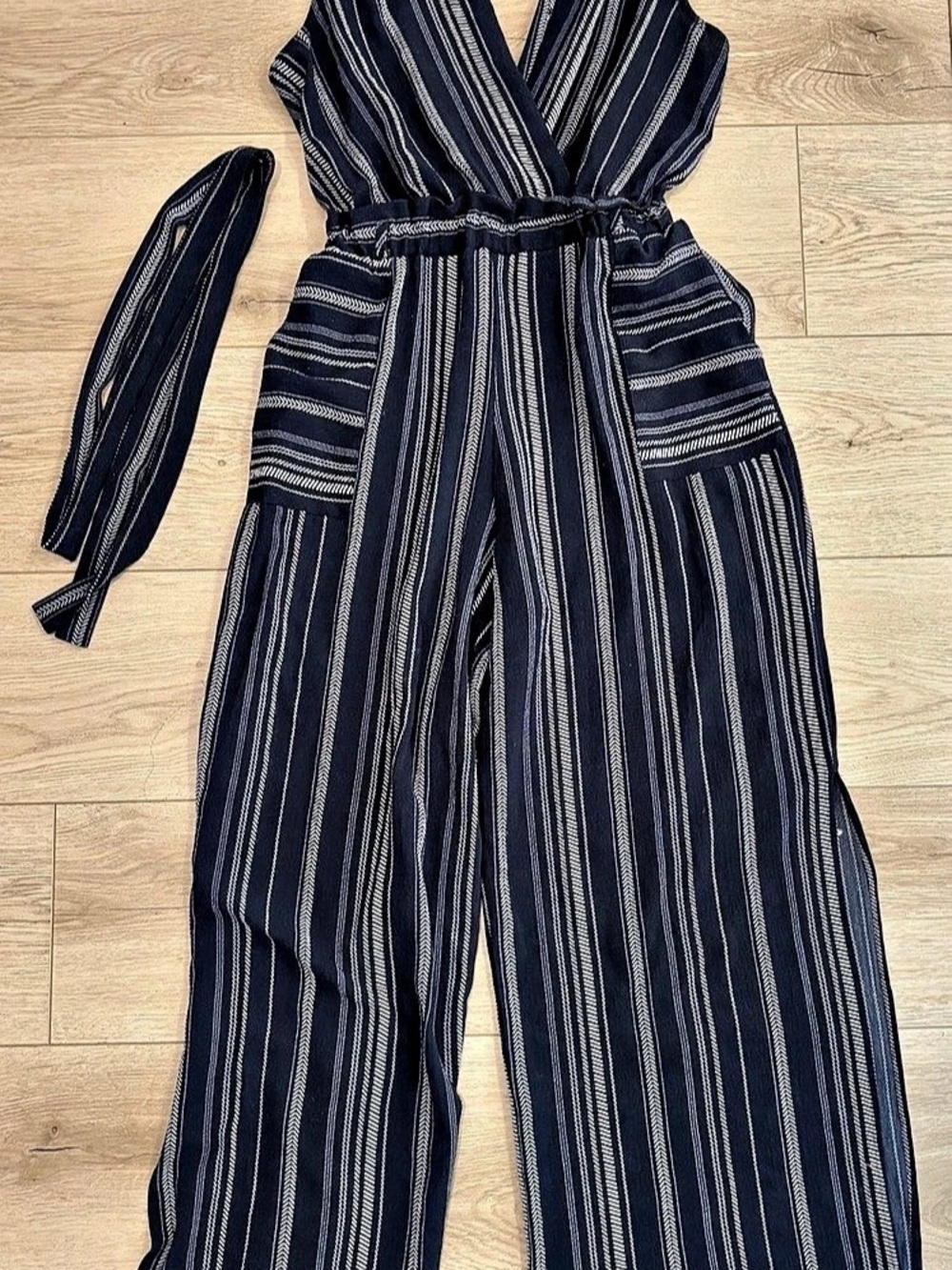 Monteau Striped Sleeveless Wide-Leg Jumpsuit with Optional Tie Waist